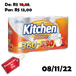 Papel Toalha Kitchen Jumbo Folha Dupla - Pack com 3 rolos de 120 unidades de 19x20 cm cada